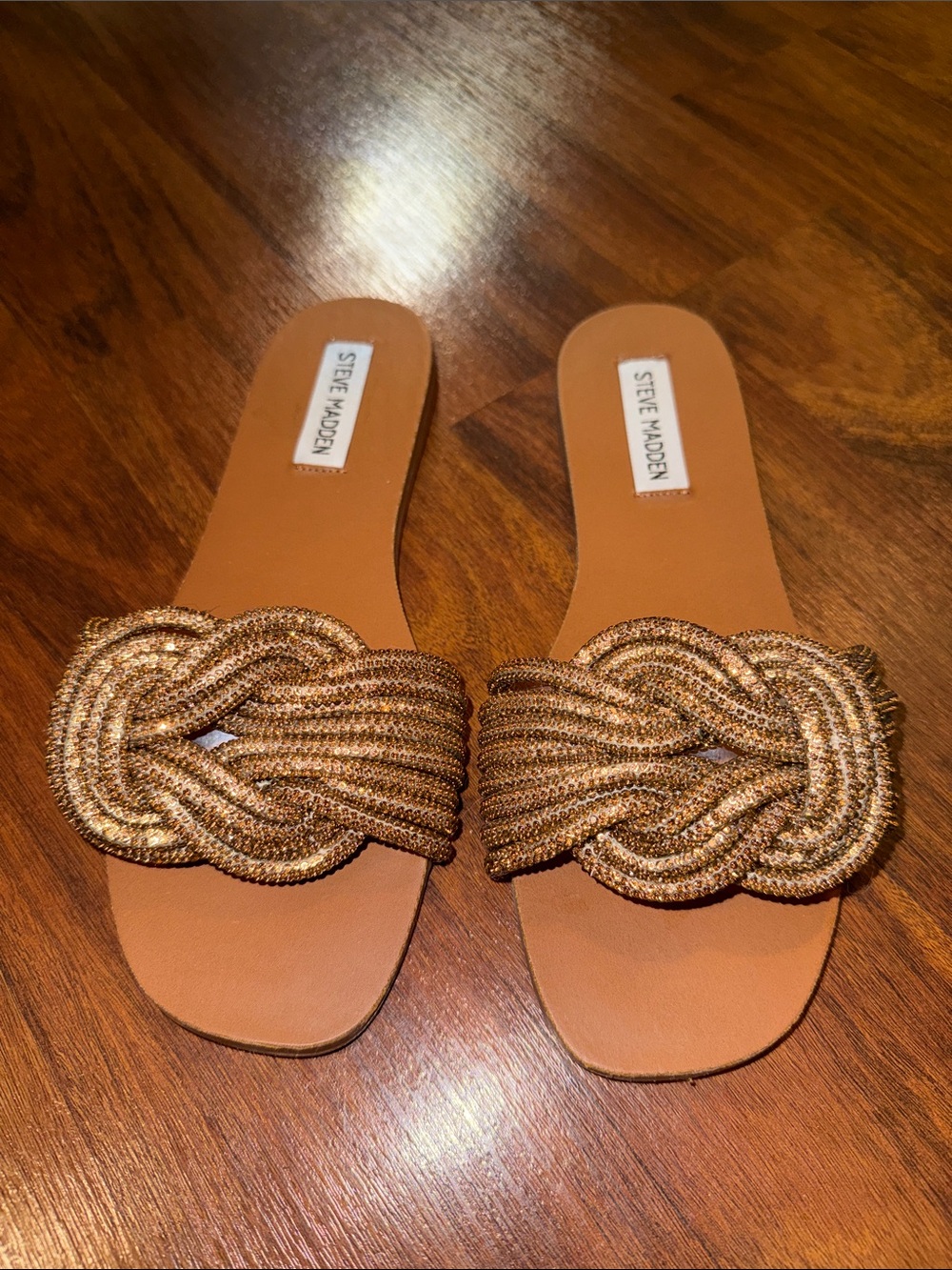 Steve Madden Adore Braided Metallic Tan Rhinestone Slide Sandals